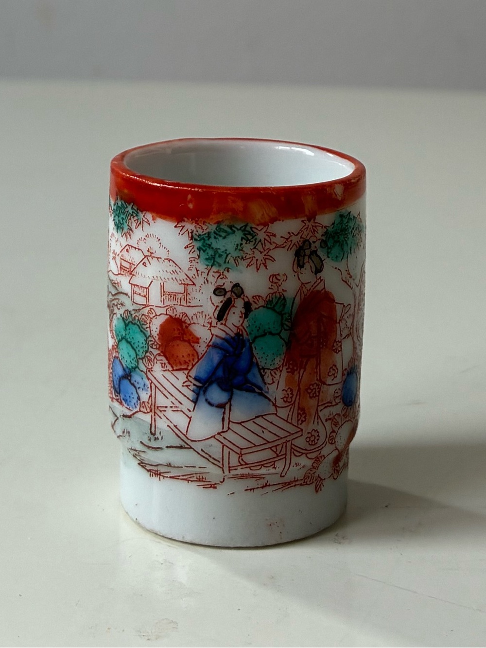 Porcelain Mini Decorative Brush Pot with Red Trim and Multicolor Scenic Motif